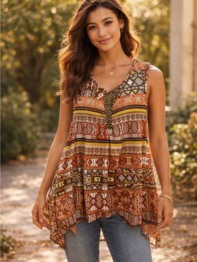 Roz&Ali Rust Multi Printed V-Neck Sleeveless Swing Tunic Boho Geometric Beaded M